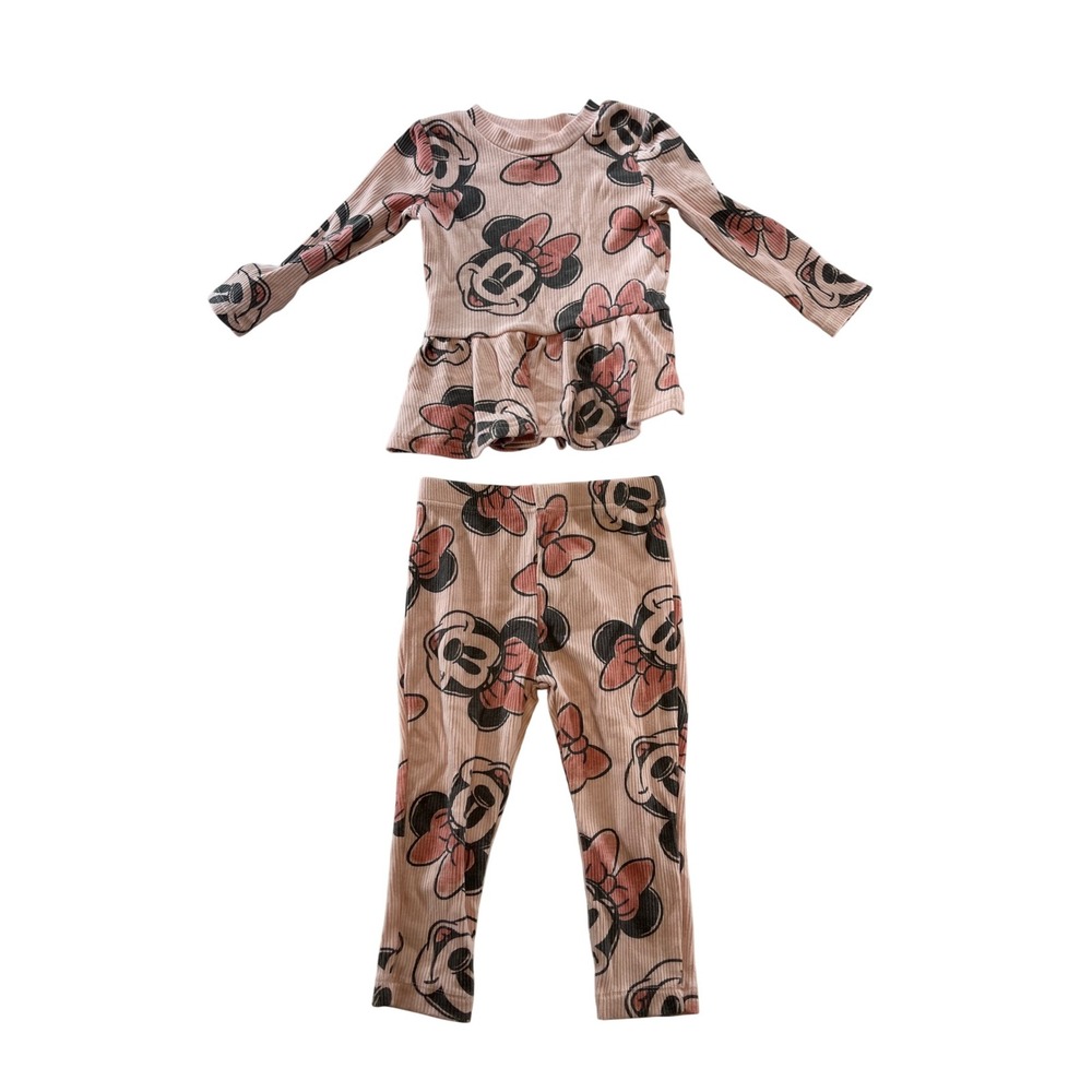 Disney Baby Minnie Mouse Pink Ribbed Long‎ Sleeve Peplum Top Pants Set 24M